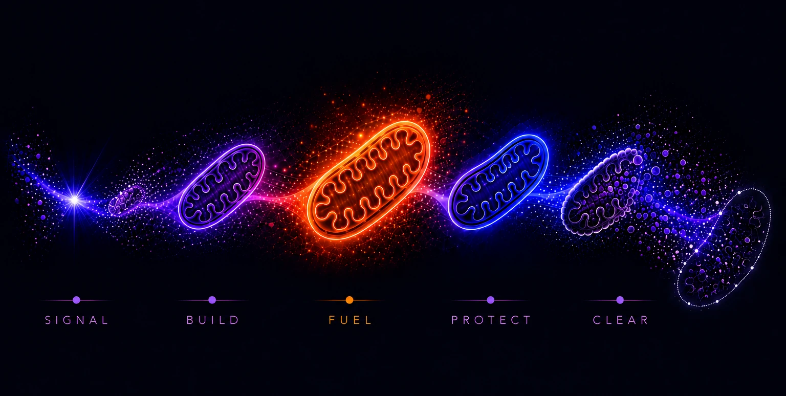 The five stages of the mitochondrial cycle: Signal, Build, Fuel, Protect, Clear