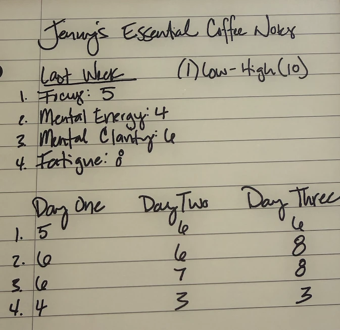 Jenny's handwritten daily scores for focus, mental energy, clarity and fatigue
